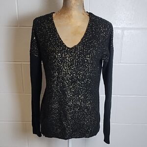 Black V-Neck Soft Sweater Side Slits and Gold Accents